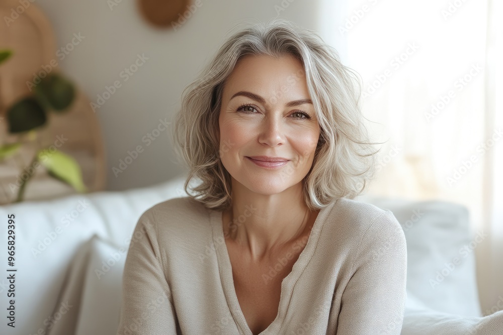 Smiling Mature Woman Close-Up in Modern Setting Smiling Mature Woman Close-Up in Modern Setting