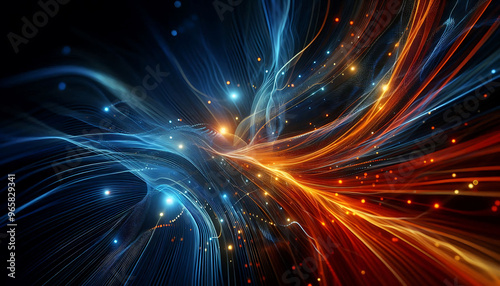 Abstract dynamic flowing lines in vibrant orange blue hues composition evokes a feeling of motion and light suggesting a digital or futuristic theme against a dark background