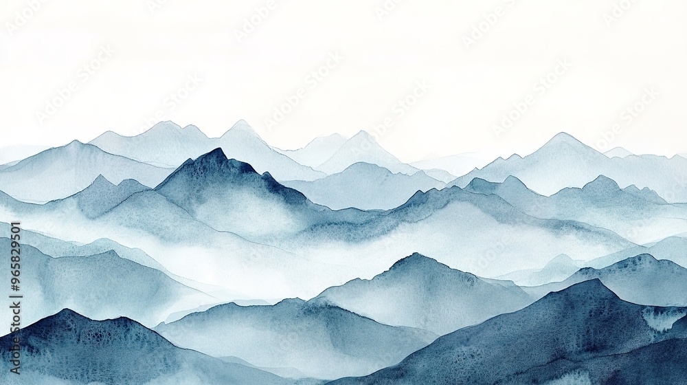Blue ink mountain landscape with mist effect and watercolor text Blue ink mountain landscape with mist effect and watercolor text