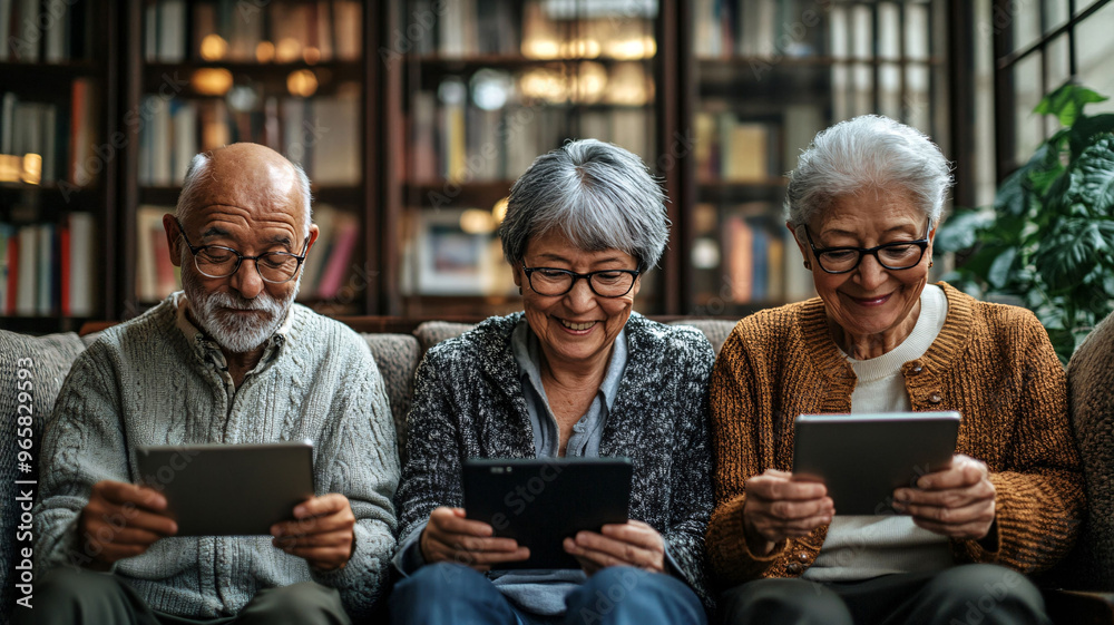Elderly Group Using Tablets for Digital Learning in a Cozy Library Elderly Group Using Tablets for Digital Learning in a Cozy Library