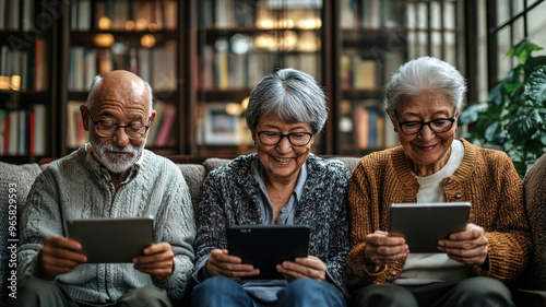 Elderly Group Using Tablets for Digital Learning in a Cozy Library