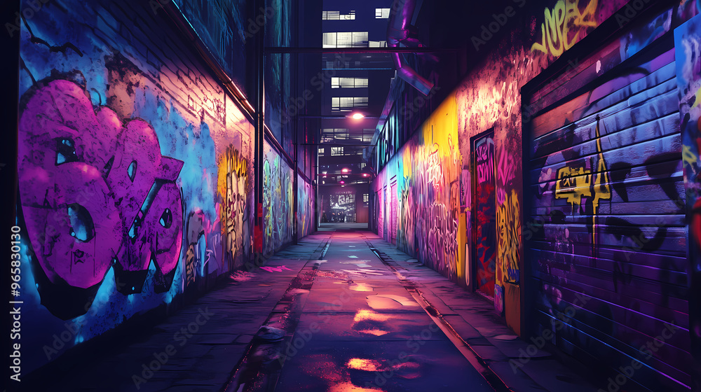 Fototapeta premium Street by night with colorful graffiti on the wall. Graffiti. Illustration