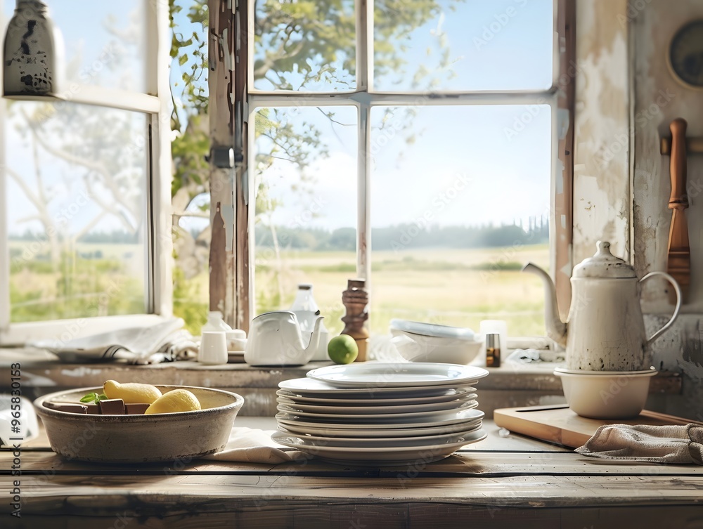 Rustic Farmhouse Sink with Chaotic Dishes and Pastoral Scenery