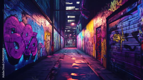 Street by night with colorful graffiti on the wall. Graffiti. Illustration