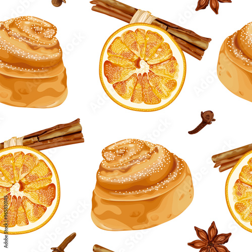 Seamless vector pattern featuring cinnamon buns, orange slices, cinnamon sticks, cloves, and star anise. Ideal for bakery themes, seasonal designs, or holiday food illustrations.