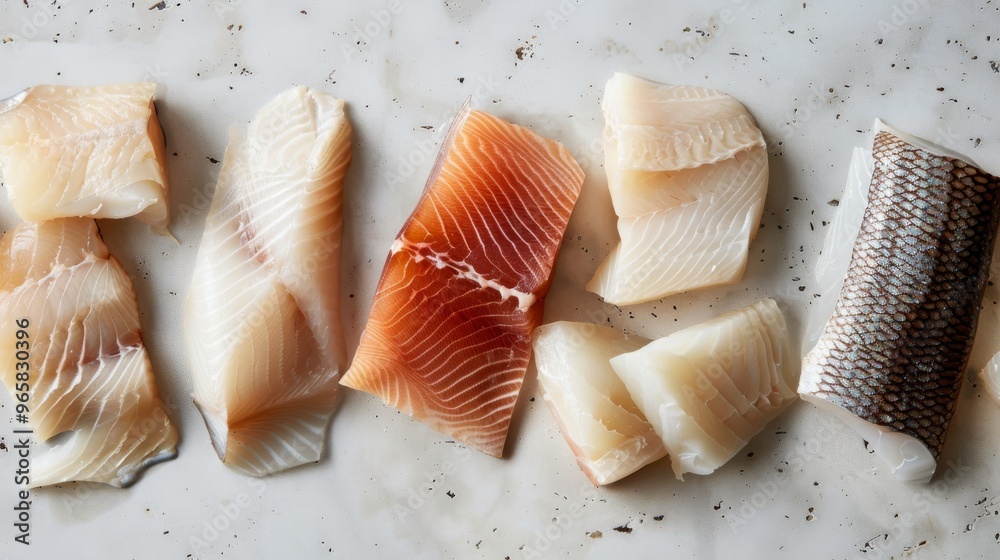 Fish pieces in various cuts arranged on a clean, neutral-colored surface, emphasizing their freshness Fish pieces in various cuts arranged on a clean, neutral-colored surface, emphasizing their freshness