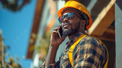 a black man construction worker outside making a phone call on cell phone on a sunny day