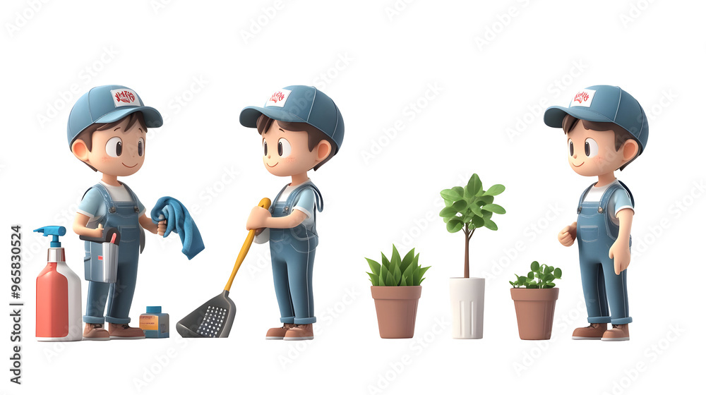 Three Cartoon Janitors Holding Cleaning Supplies and Potted Plants on a Transparent Background Three Cartoon Janitors Holding Cleaning Supplies and Potted Plants on a Transparent Background