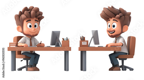 Two 3D Cartoon Men Working on Desktop Computers with Transparent Background