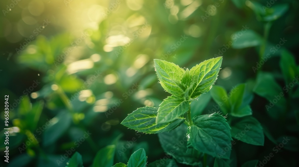 Fresh green mint leaves in vibrant sunlight with a crisp texture and rich color