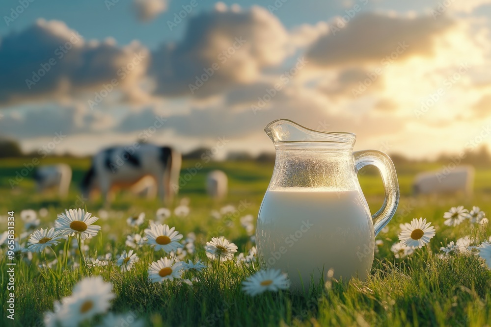 Refreshing Milk Jug Surrounded by Wildflowers in Sunny Meadow Refreshing Milk Jug Surrounded by Wildflowers in Sunny Meadow