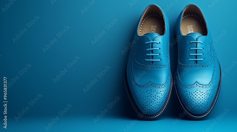 A pair of sophisticated blue leather dress shoes with intricate brogue details, presented on a matching blue background. Ideal for fashion and retail marketing. A pair of sophisticated blue leather dress shoes with intricate brogue details, presented on a matching blue background. Ideal for fashion and retail marketing.