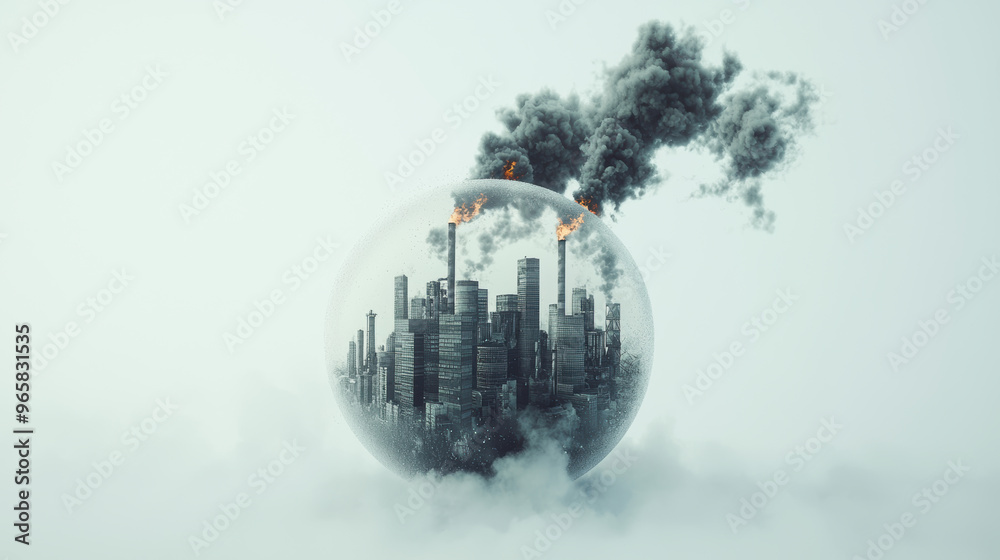 A polluted Earth is depicted within glass sphere, showcasing industrial fumes and smoke rising from city buildings. This striking image highlights environmental concerns and urban pollution A polluted Earth is depicted within glass sphere, showcasing industrial fumes and smoke rising from city buildings. This striking image highlights environmental concerns and urban pollution