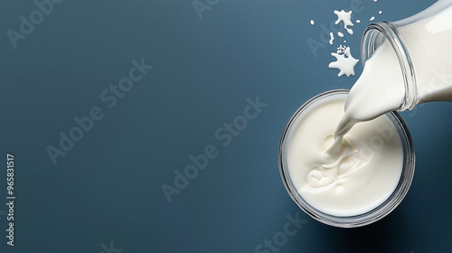 An overhead shot of milk being poured from a glass bottle into a clear glass bowl on a dark blue surface, with some milk splashes around. photo