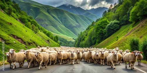 Flock of sheep crossing a road in lush green mountains of Georgia , sheep, flock, road, green mountains, Georgia