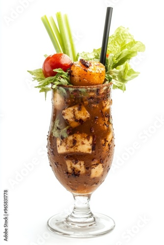 Spicy Bloody Mary Cocktail with Vodka, Tomato Juice and Garnish, Isolated on White Background photo