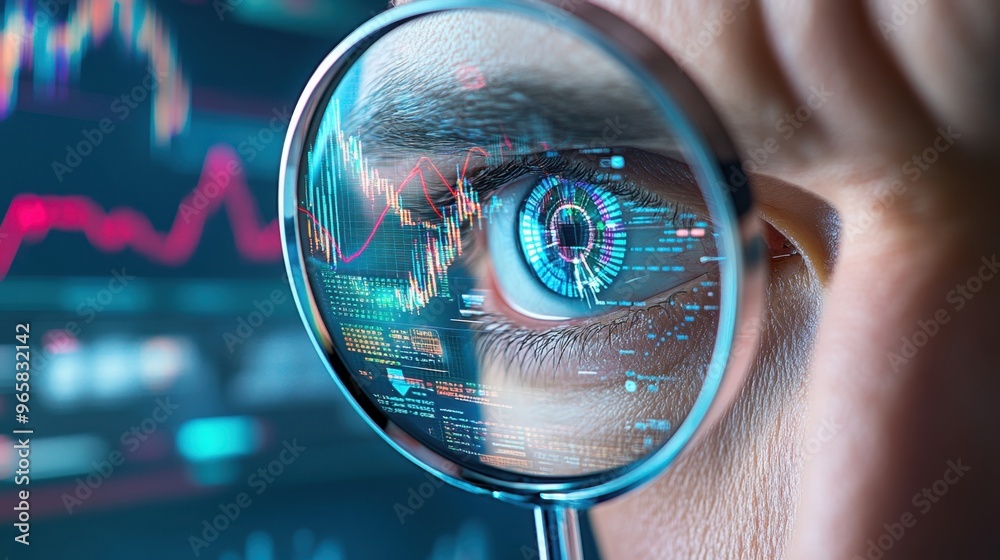 Close-up of a businessmans eye through a magnifying glass with financial charts and graphs on a computer screen behind him Close-up of a businessmans eye through a magnifying glass with financial charts and graphs on a computer screen behind him