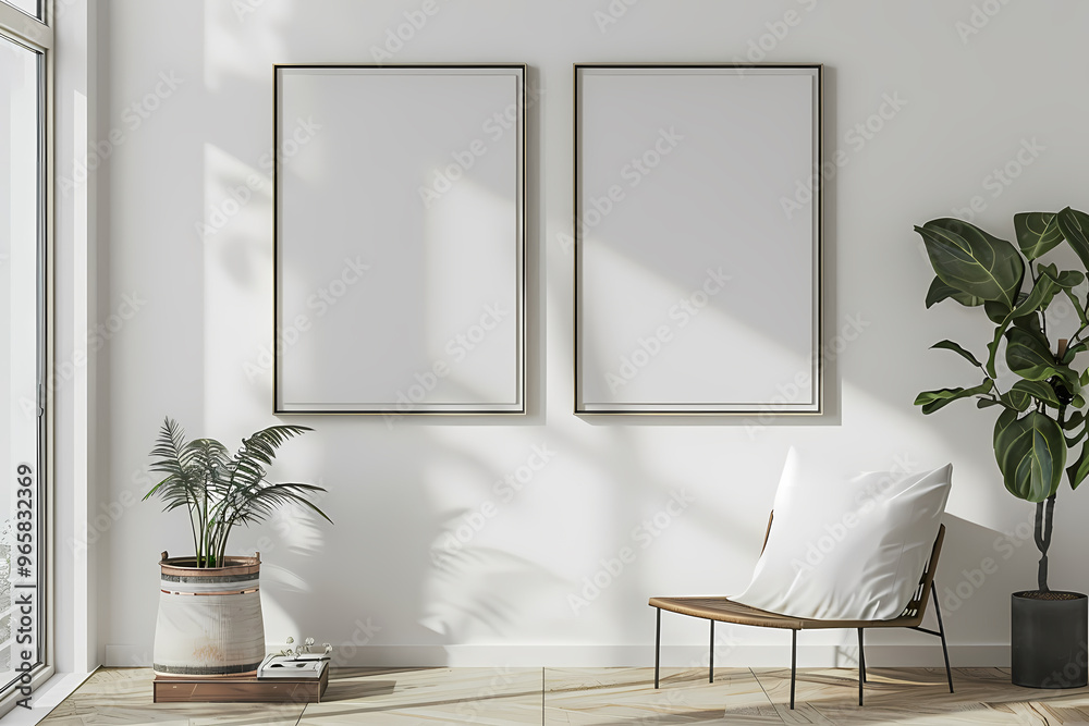 A minimalist living space featuring empty frames on a white wall, a wooden chair, and greenery, creating a serene and modern atmosphere. A minimalist living space featuring empty frames on a white wall, a wooden chair, and greenery, creating a serene and modern atmosphere.