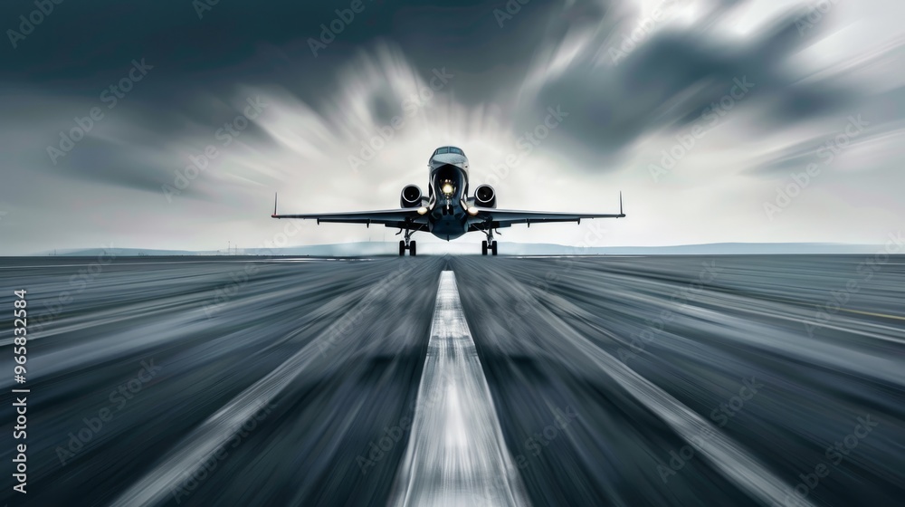 Naklejka premium Aircraft lifting off from tarmac with motion blur effect