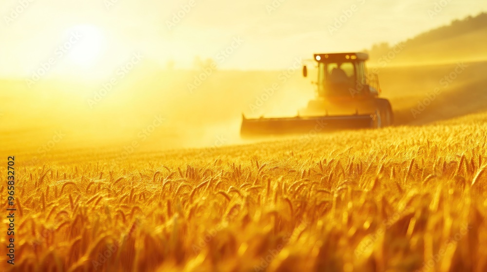 Fototapeta premium Golden Wheat Macro Shot with Harvesting Scene