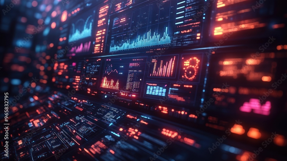 Futuristic data visualization interface with graphs and metrics. Futuristic data visualization interface with graphs and metrics.