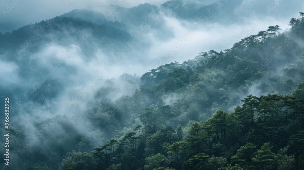 Atmospheric mountain landscape with layers of trees and cloud cover Atmospheric mountain landscape with layers of trees and cloud cover
