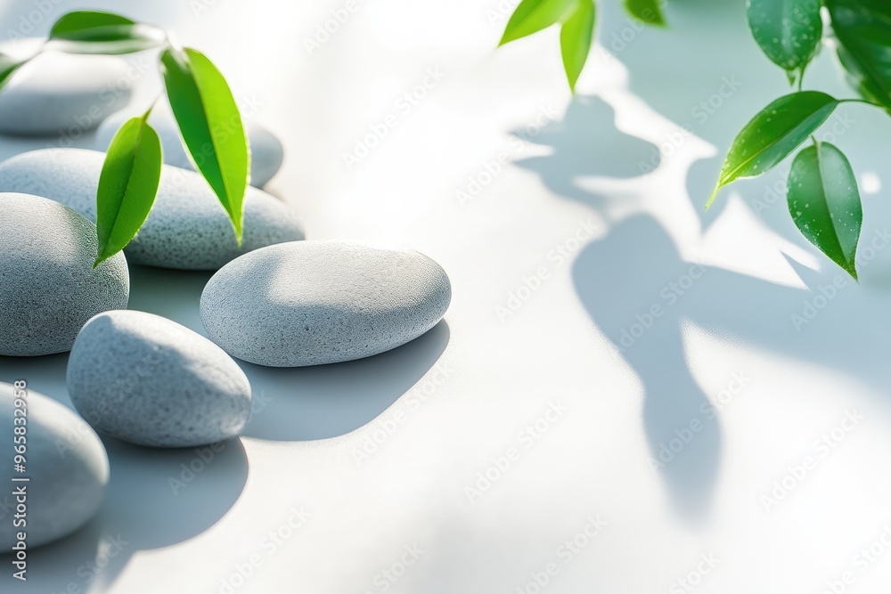 Serene Spa Scene with Rounded Grey Stones and Leaves Serene Spa Scene with Rounded Grey Stones and Leaves