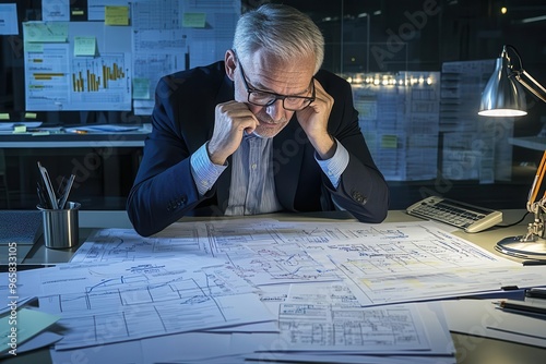 Senior project manager reviewing a risk management plan, overtheshoulder view of detailed documents, soft office lighting, serious mood, quiet workspace