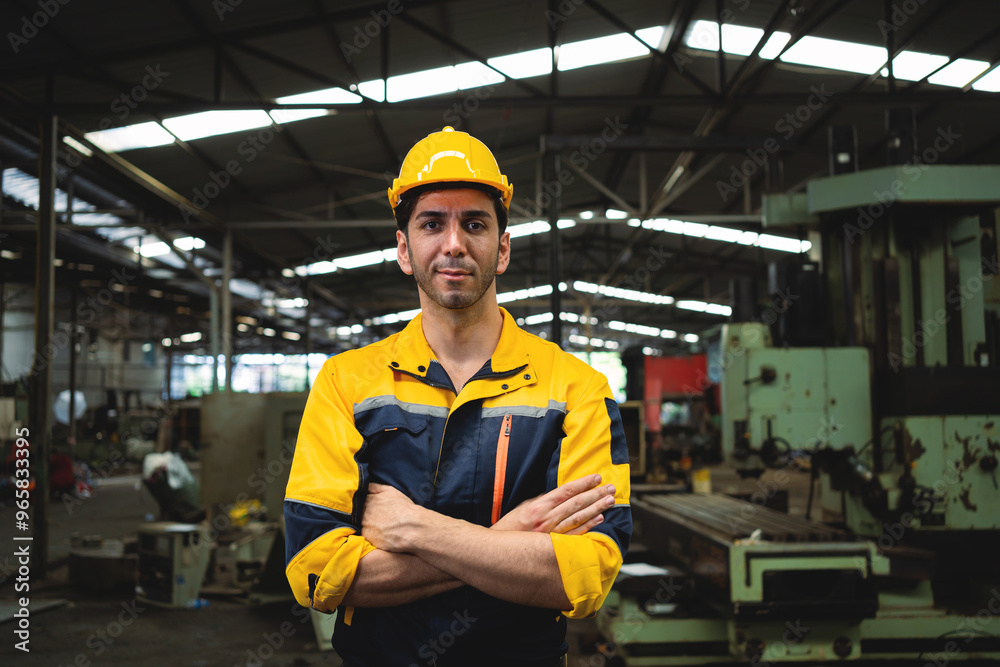 Portrait of confident caucasian worker in factory, young engineer wearing vest and safety jacket looking at camera