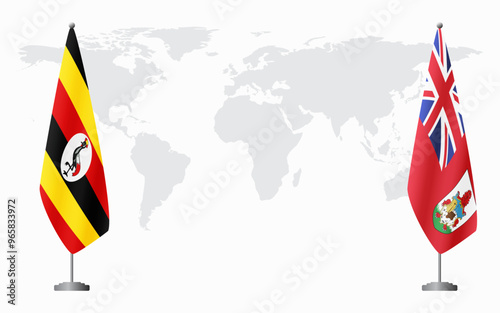 Uganda and Bermuda flags for official meeting against background of world map.