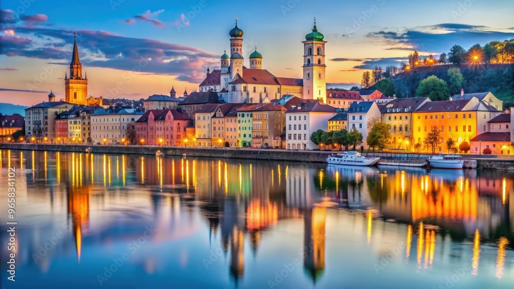Obraz premium Passau skyline and harbor reflected in the evening glow of the Danube River, Three Rivers City, Lower Bavaria, Germany