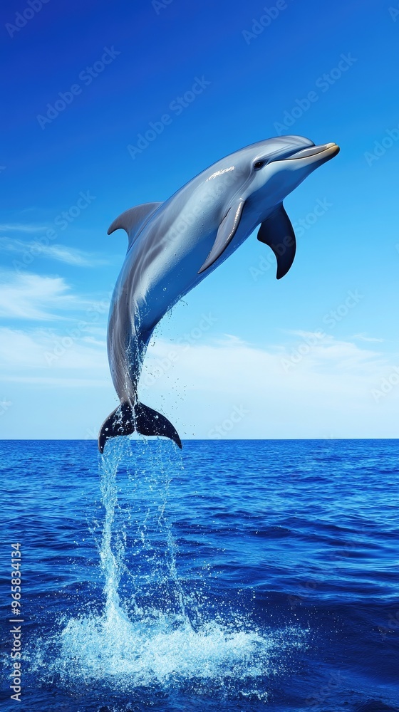 Obraz premium A playful dolphin leaps gracefully out of the shimmering blue ocean, showcasing its agility and beauty in nature.