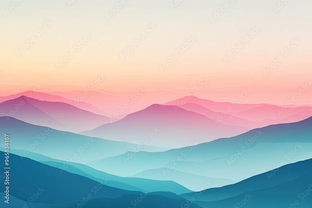 A serene mountain landscape at dawn, showcasing soft pastel colors blending in the sky and over rolling hills. A serene mountain landscape at dawn, showcasing soft pastel colors blending in the sky and over rolling hills.