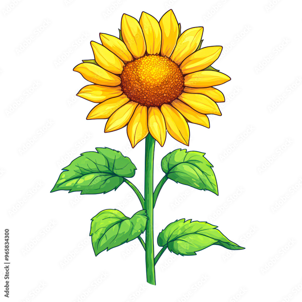 Obraz premium A vibrant digital illustration of a sunflower with bright yellow petals and lush green leaves isolated on transparency PNG background, perfect for botanical designs, educational materials