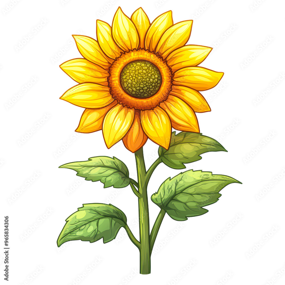 Naklejka premium A detailed illustration of a sunflower with bright yellow petals and green leaves, Ideal for use in gardening blogs isolated on transparency PNG background, flower shop advertisements