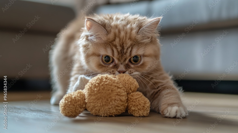 Obraz premium A playful cat interacts with a soft toy on a wooden floor.