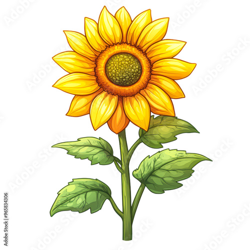 A detailed illustration of a sunflower with bright yellow petals and green leaves, Ideal for use in gardening blogs isolated on transparency PNG background, flower shop advertisements