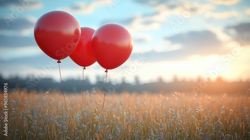 Three red balloons floating above a golden field at sunset, creating a vibrant and serene atmosphere in nature photo