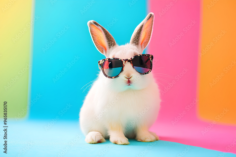 A cute rabbit wearing sunglasses against a colorful background.