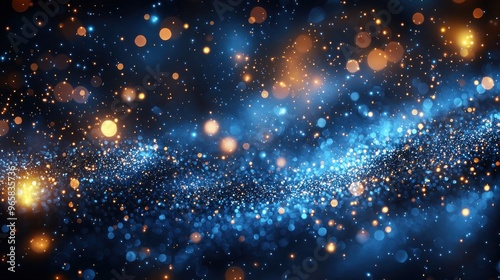 Vibrant cosmic swirl of blue and gold particles glowing in a dark space background