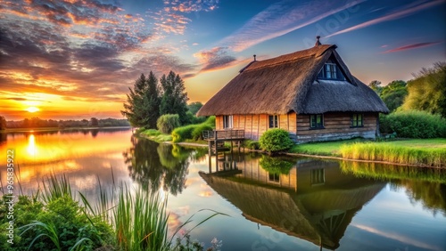 Traditional house with thatched roof overlooking serene lake at sunset, scenic, tranquil, traditional, house, thatched roof