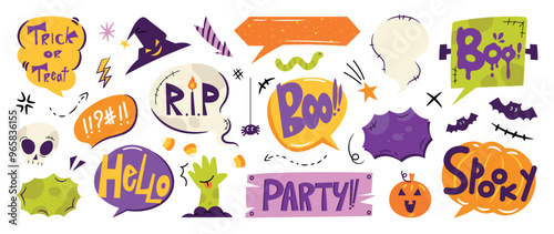 Set of speech bubble with text halloween concept vector. Collection of contemporary figure, skull, bat, pumpkin, candy. Chat design element perfect for banner, print, sticker, cartoon.