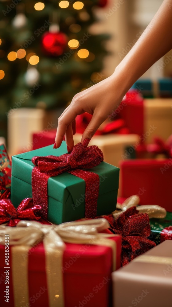 Festive Holiday Season: Hand Picking Christmas Gift Amidst Colorful Presents Festive Holiday Season: Hand Picking Christmas Gift Amidst Colorful Presents