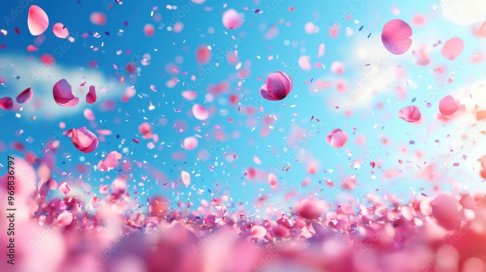 A beautiful spring day with pink flower petals swirling in the blue sky at a tranquil park during the afternoon A beautiful spring day with pink flower petals swirling in the blue sky at a tranquil park during the afternoon
