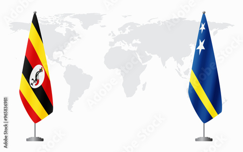 Uganda and Curacao flags for official meeting against background of world map.