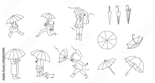 Pack dessin noir et blanc de femme debout avec un parapluie, femme qui court avec un parapluie, parapluie qui se retourne, parapluie fermé, parapluie ouvert, chien en laisse avec un manteau de pluie