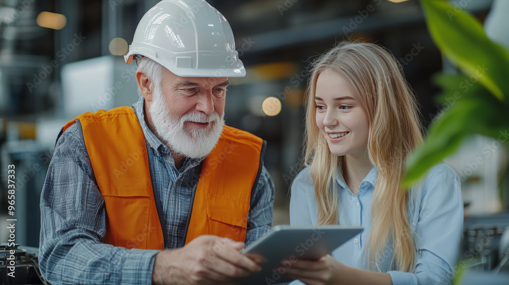 A bearded worker and a young professional smile, discussing plans on a tablet. A bearded worker and a young professional smile, discussing plans on a tablet.