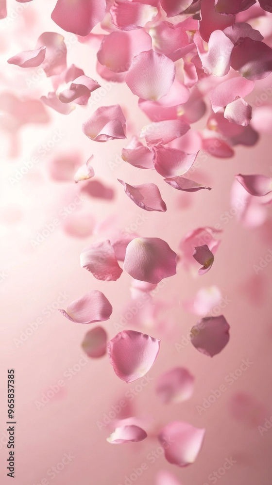 Falling pink rose petals on a light background, delicate floral scene. Romance and beauty concept Falling pink rose petals on a light background, delicate floral scene. Romance and beauty concept