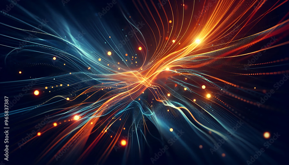 Abstract dynamic flowing lines in vibrant orange blue hues composition evokes a feeling of motion and light suggesting a digital or futuristic theme against a dark background