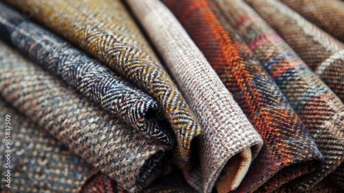 Folded wool fabrics in assorted patterns and colors